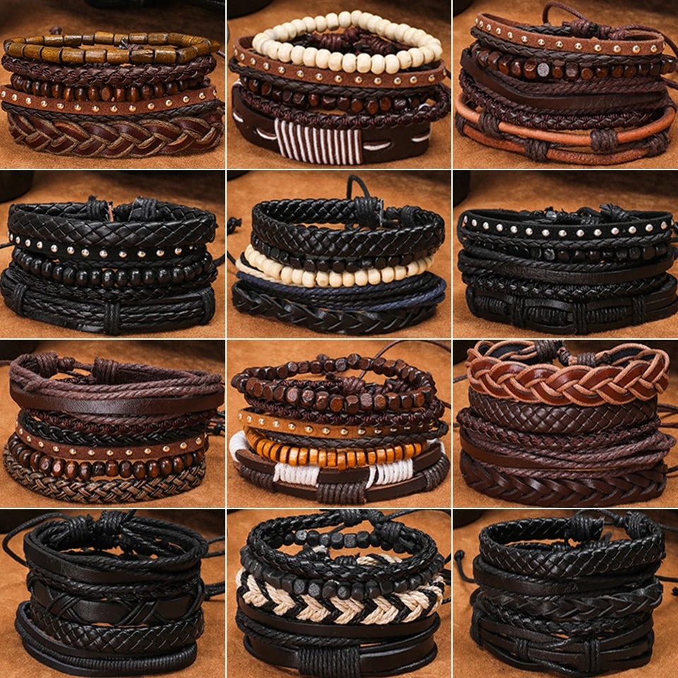 Fashion Handmade Leather Gifts For Men's Bracelet Wooden Beads Father Chain Link Bracelets Bangles Male Wristband Jewelry