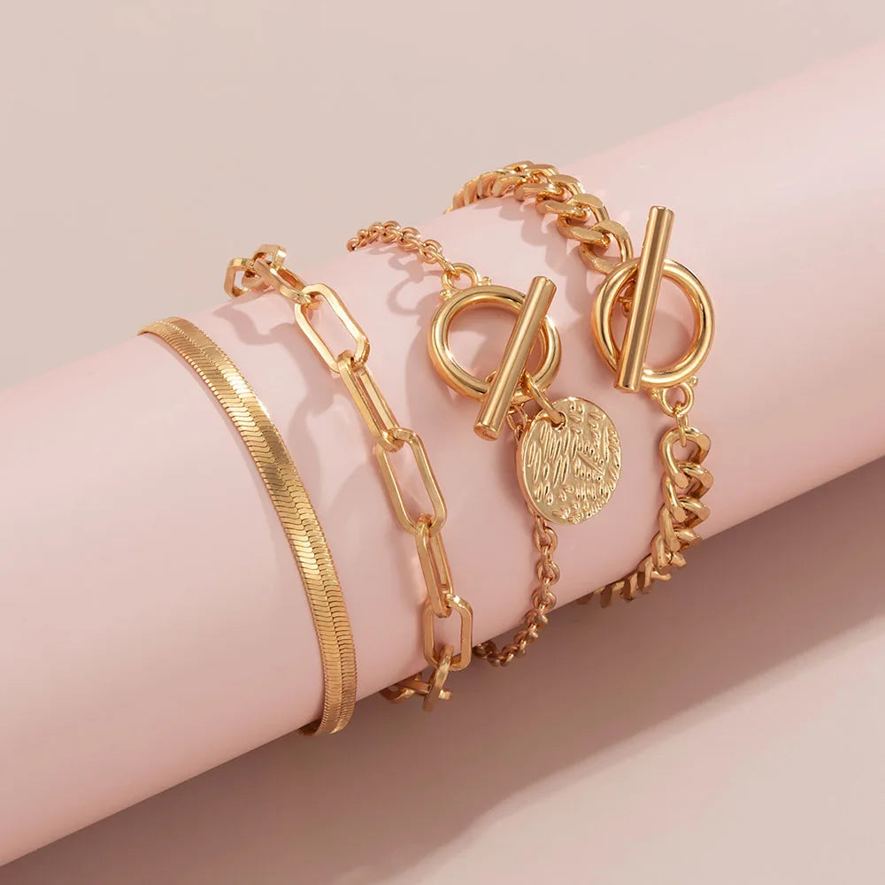 Boho Multilayer Geometric Adjustable Bracelet Ladies Punk Fashion Flat Snake Chain Hollow Metal Set Bracelets Girl Jewelry Gift