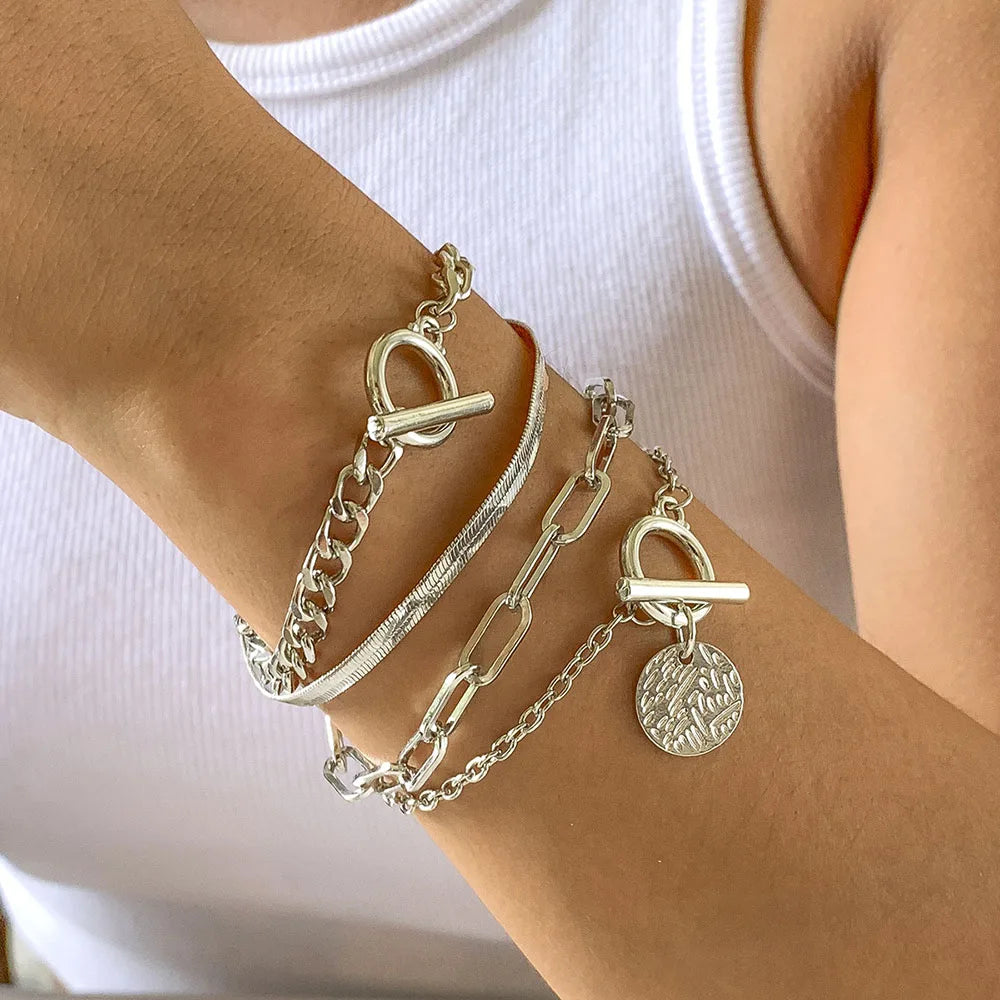 Boho Multilayer Geometric Adjustable Bracelet Ladies Punk Fashion Flat Snake Chain Hollow Metal Set Bracelets Girl Jewelry Gift