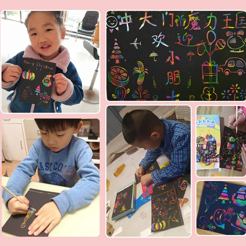 DIY Magic Rainbow Color Scratch Art Paper Card Set With Graffiti Stencil Drawing Board Stick Art Painting Educational Toys Gifts