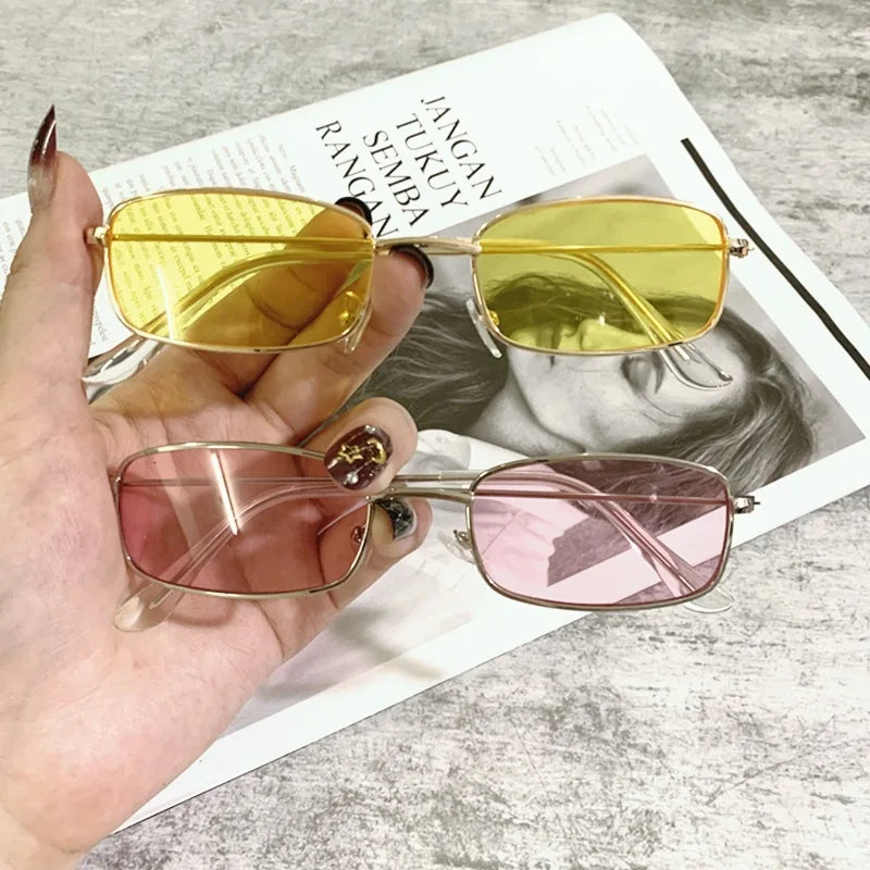 Fashion Metal Vintage Rectangle Sunglasses Small Oval Women's Sunglasses Men Women Brand Shades Eyewear Clear Lens UV400 Goggles