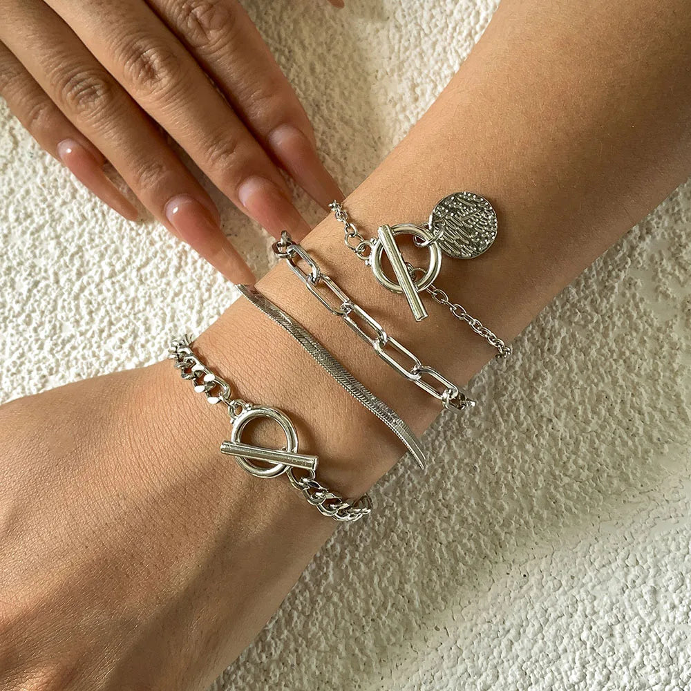 Boho Multilayer Geometric Adjustable Bracelet Ladies Punk Fashion Flat Snake Chain Hollow Metal Set Bracelets Girl Jewelry Gift