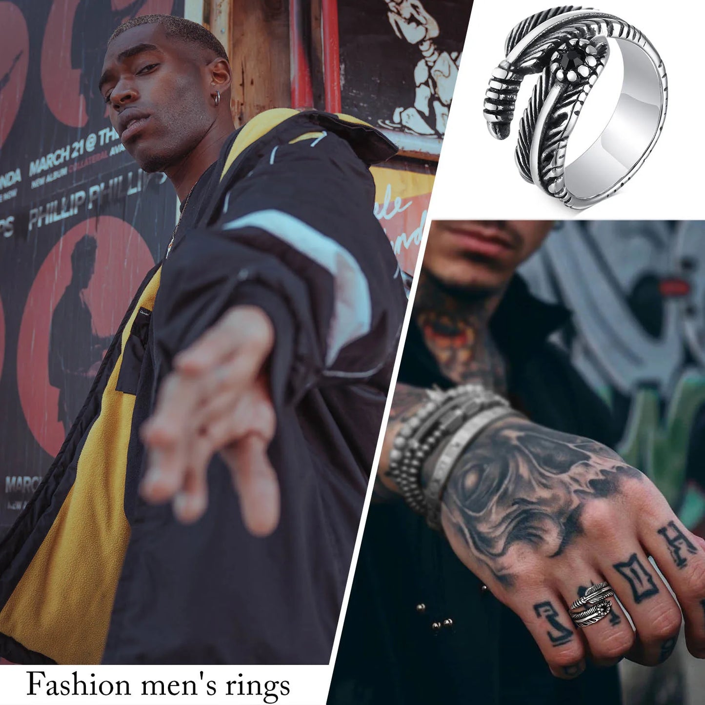 Vnox Boho Retro Feather Rings for Men, Antique Color Stainless Steel Wings Style Finger Ring,Rock Punk Male Jewelry