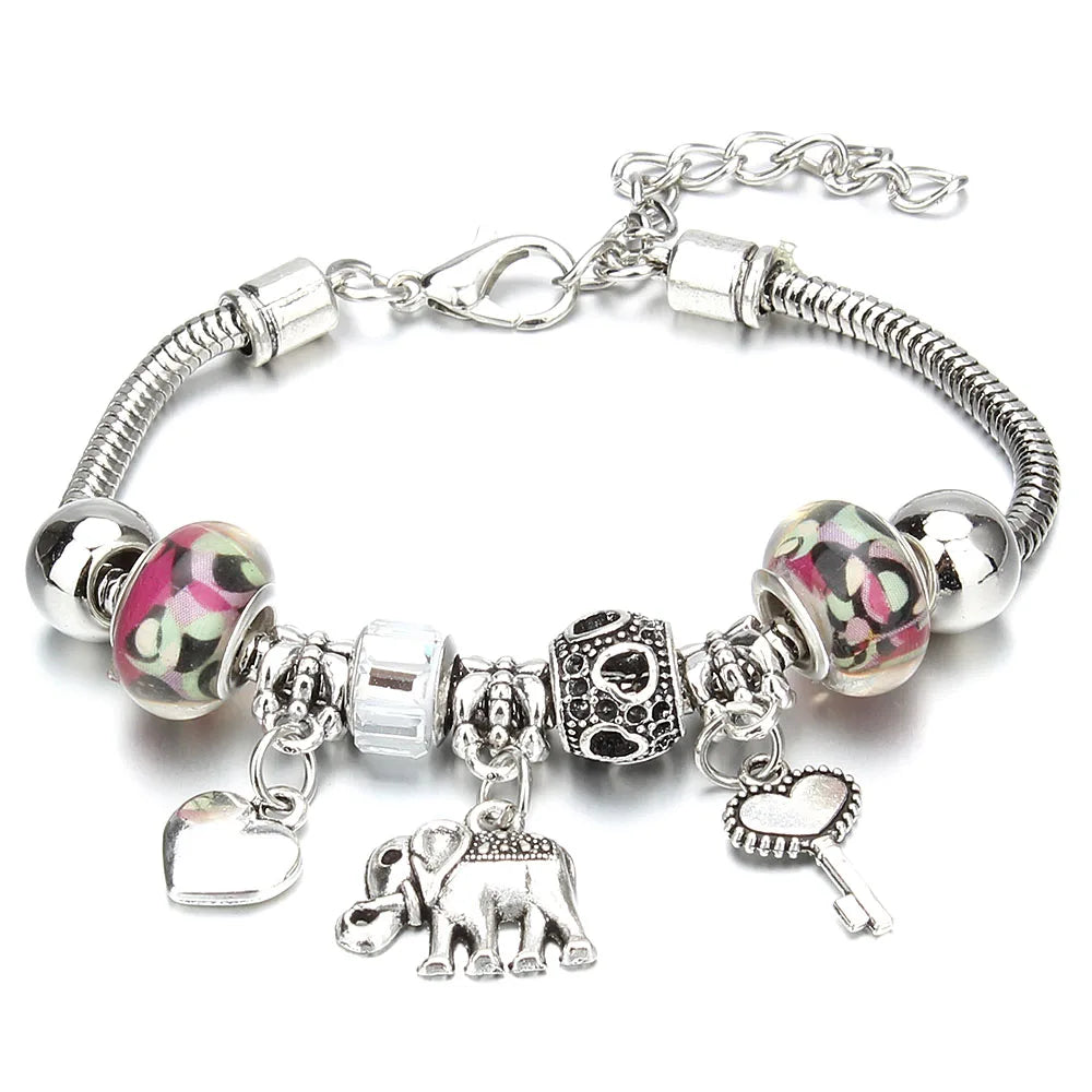 Antique Original Elephant Key Lock Shape 6 Colors Charm Bracelets for Women Glass Beads Bracelet & Bangle DIY Jewelry Gifts