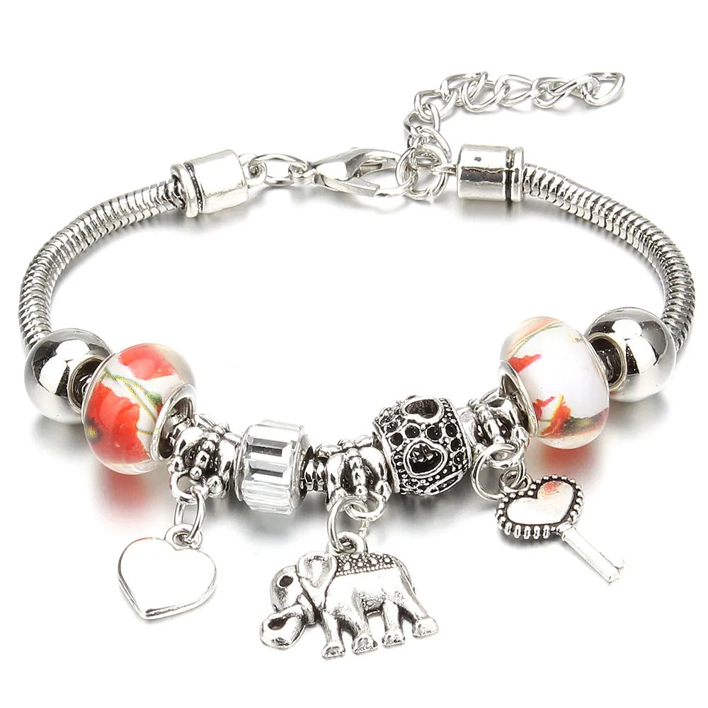Antique Original Elephant Key Lock Shape 6 Colors Charm Bracelets for Women Glass Beads Bracelet & Bangle DIY Jewelry Gifts