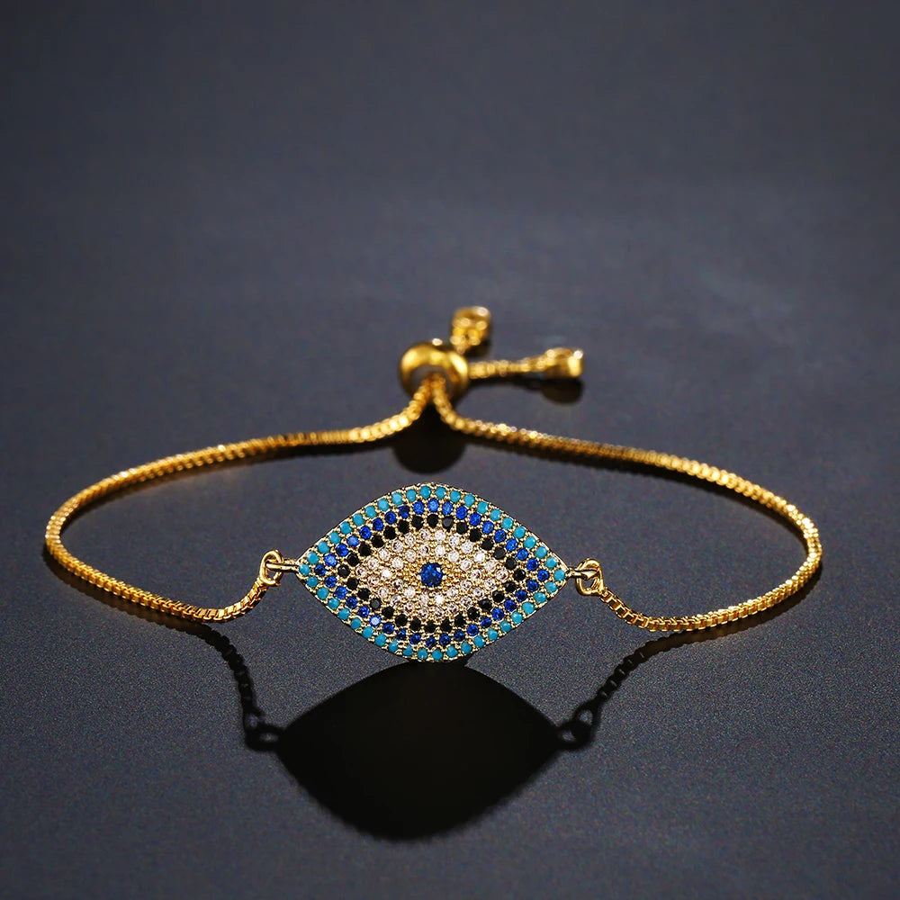 NEWBUY 2024 Trendy Turkish Gold Color Evil Eye Bracelet Adjustable AAA CZ Pave Setting Female Luckry Party Jewelry Gift