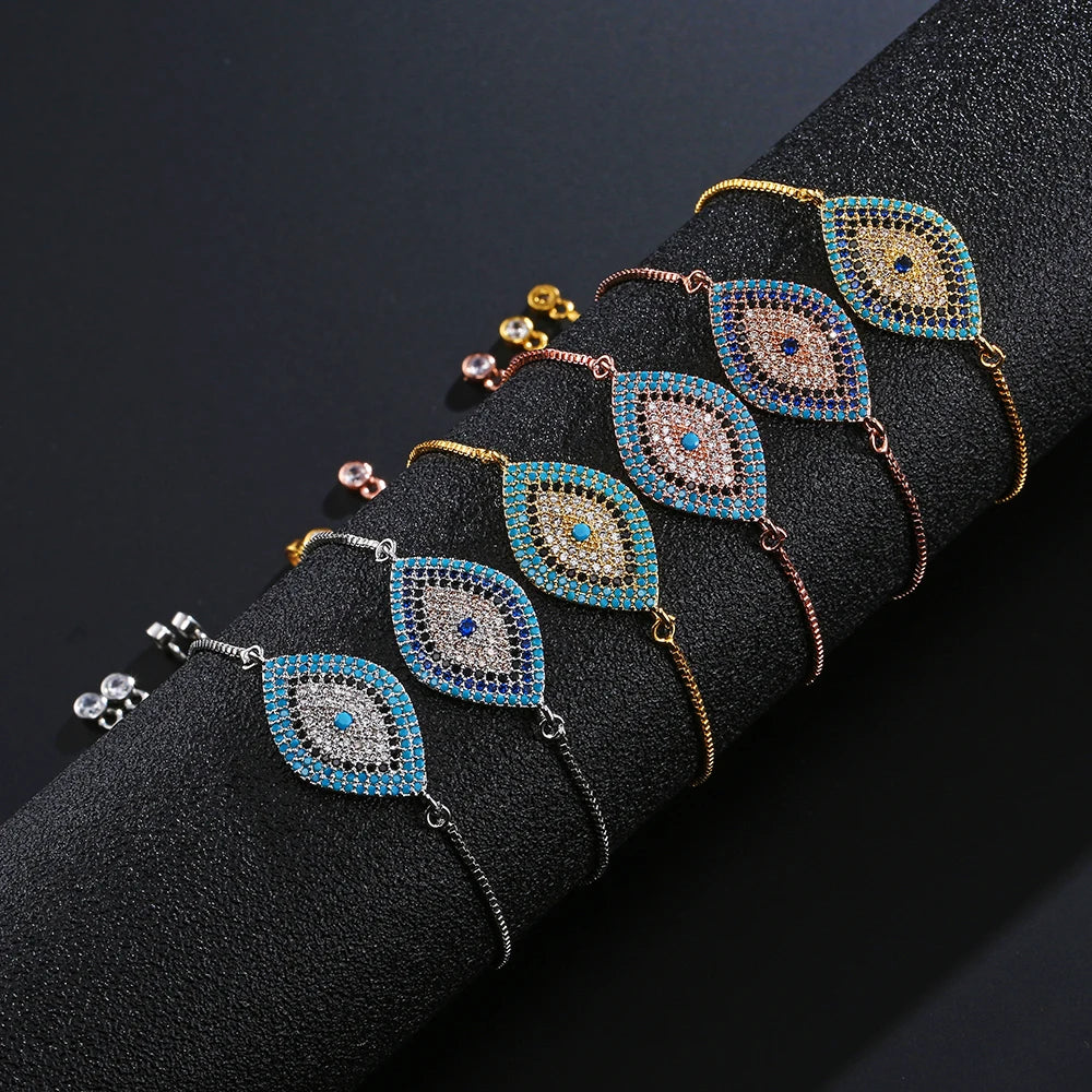 NEWBUY 2024 Trendy Turkish Gold Color Evil Eye Bracelet Adjustable AAA CZ Pave Setting Female Luckry Party Jewelry Gift