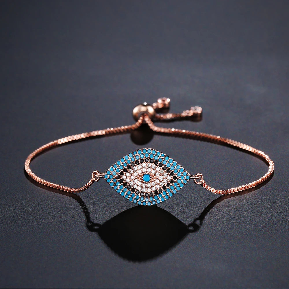 NEWBUY 2024 Trendy Turkish Gold Color Evil Eye Bracelet Adjustable AAA CZ Pave Setting Female Luckry Party Jewelry Gift