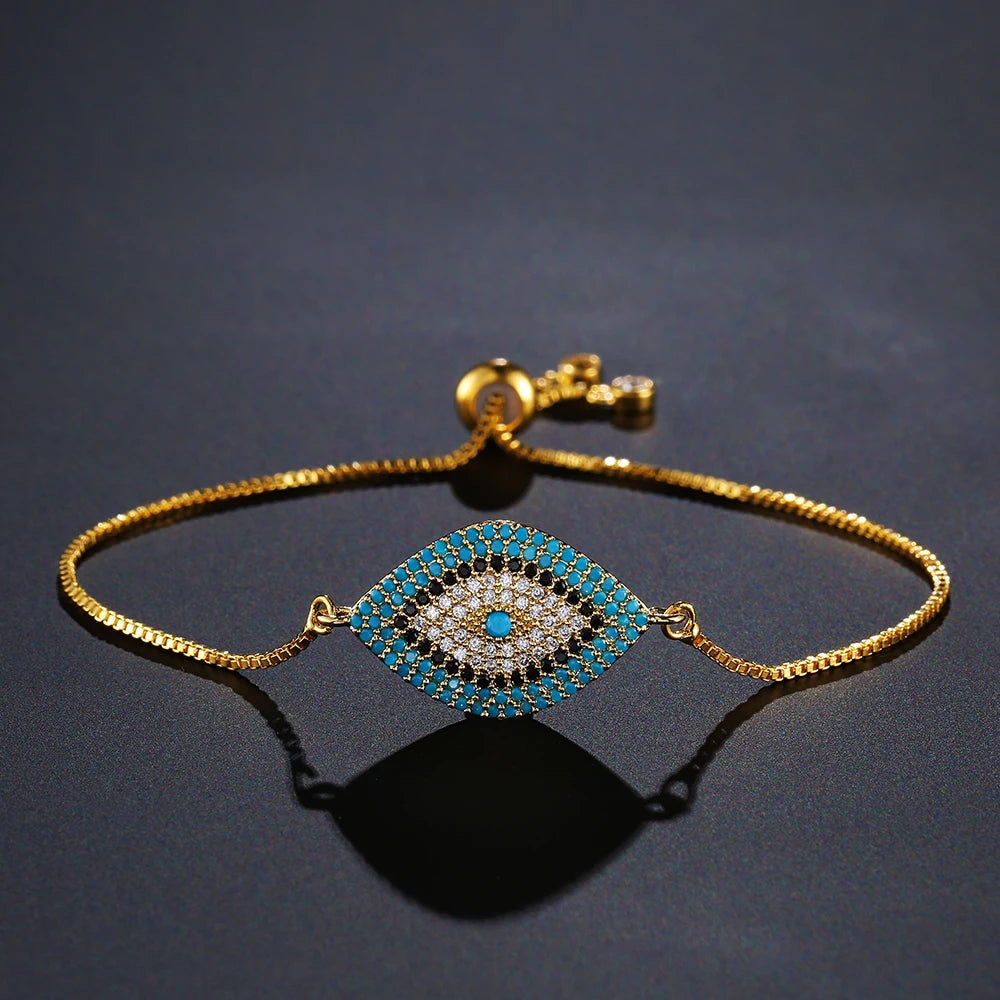 NEWBUY 2024 Trendy Turkish Gold Color Evil Eye Bracelet Adjustable AAA CZ Pave Setting Female Luckry Party Jewelry Gift