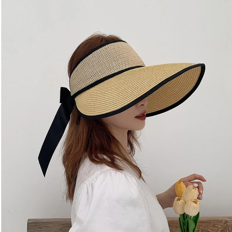 2021 New Summer Straw Hats For Women Beach Hat Empty Top Female Sun UV Protection hat Foldable chapeau Girl Bowknot Cap