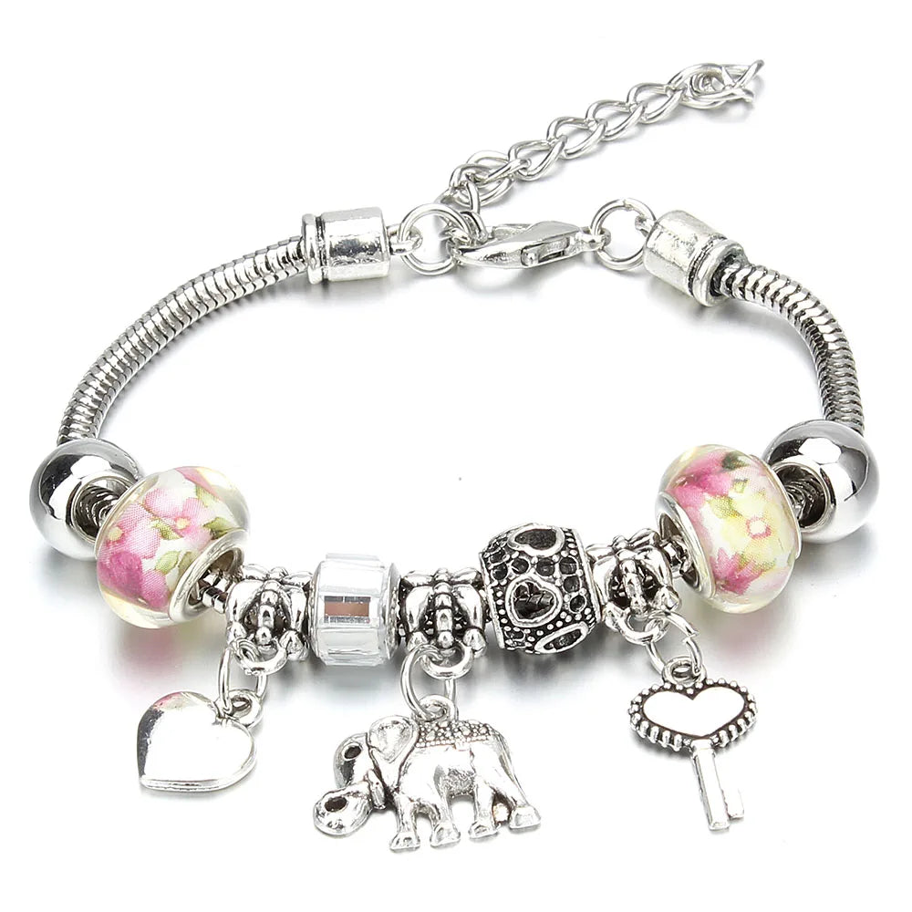 Antique Original Elephant Key Lock Shape 6 Colors Charm Bracelets for Women Glass Beads Bracelet & Bangle DIY Jewelry Gifts