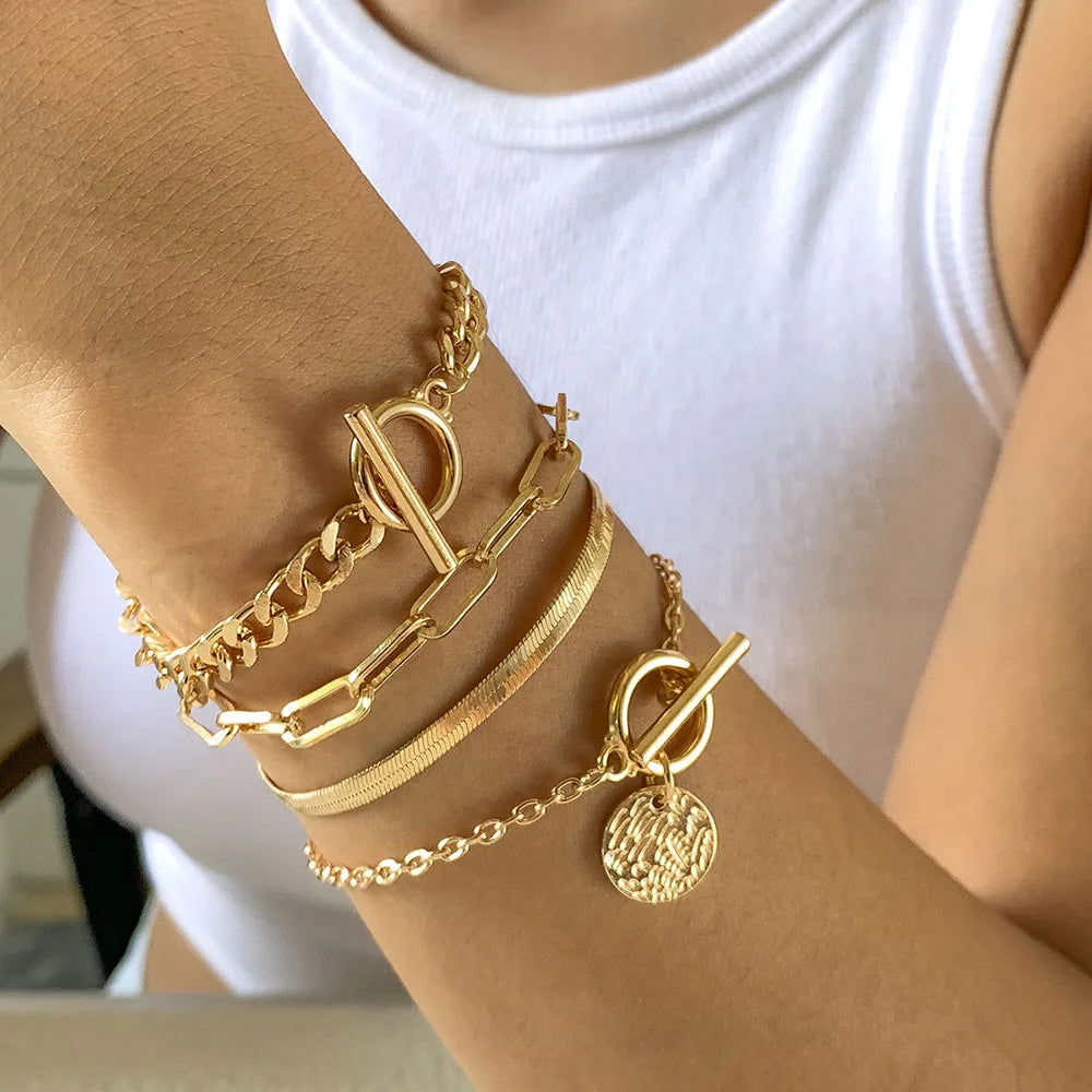 Boho Multilayer Geometric Adjustable Bracelet Ladies Punk Fashion Flat Snake Chain Hollow Metal Set Bracelets Girl Jewelry Gift