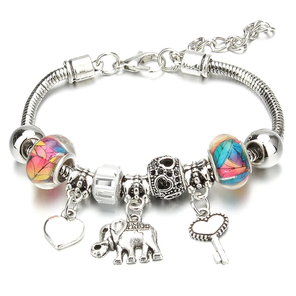Antique Original Elephant Key Lock Shape 6 Colors Charm Bracelets for Women Glass Beads Bracelet & Bangle DIY Jewelry Gifts