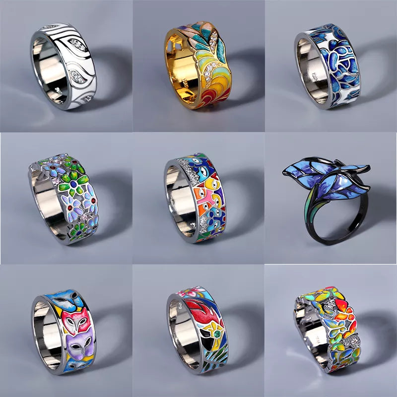 2024 New Silver Rings for Women Creative Handmade Enamel Craft Women's Rings 925 Silver Women's Party Jewelry Epoxy Craft