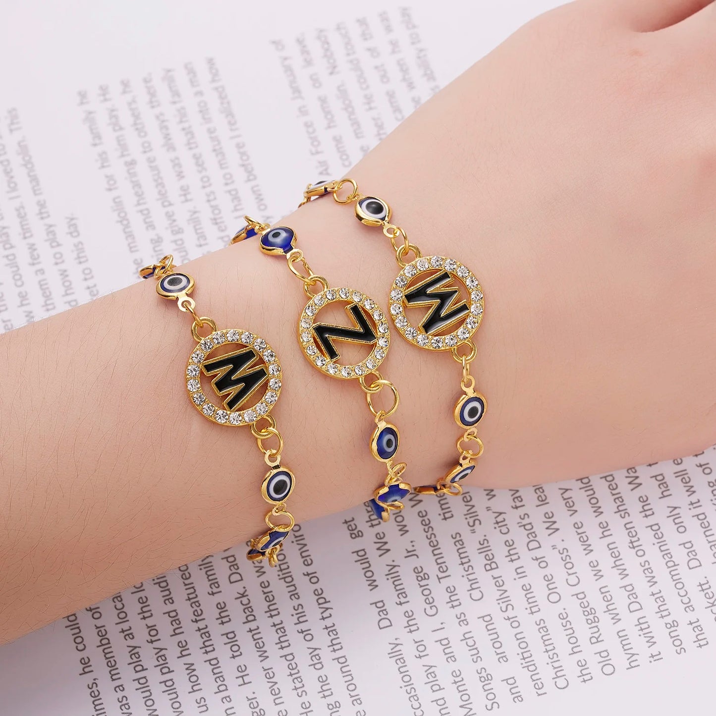 Trendy A-Z Letter Turkish Evil Eye Bracelet Shiny Rhinestone Lucky Blue Eyes Charm Bracelet Female Fashion Luxury Jewelry Gifts