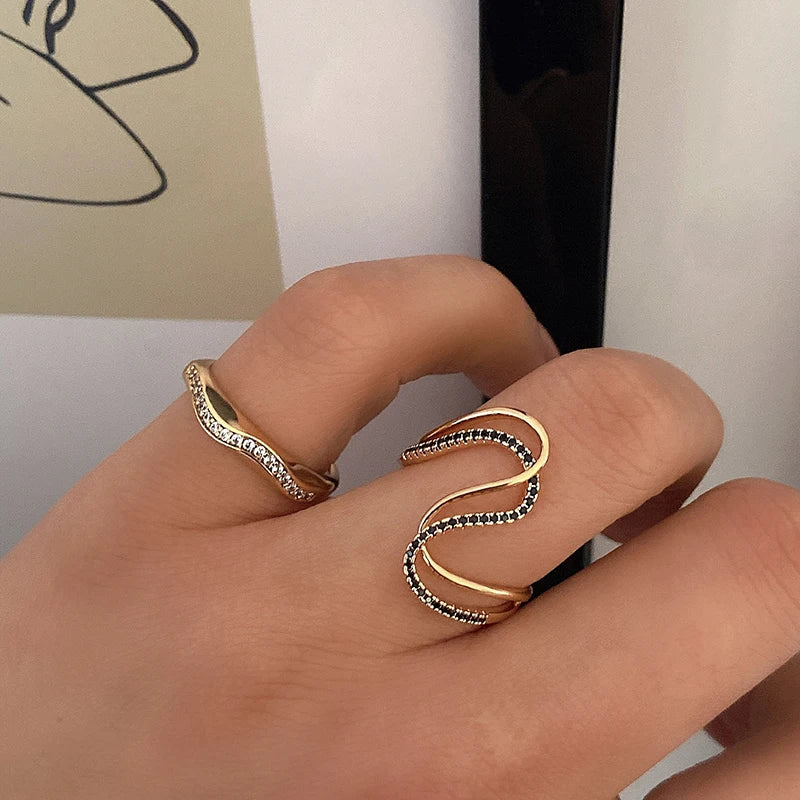 Exaggerated Design Full Black Zircon Double Twist Women's Rings 585 Gold Color Gothic Jewelry Party Daily Unusual Accessories
