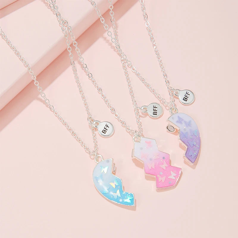 3Pcs/set Colorful Butterfly Glitter Broken Peach Heart Pendant for 3 Girls Friendship BFF Necklaces Best Friend Jewelry Gifts