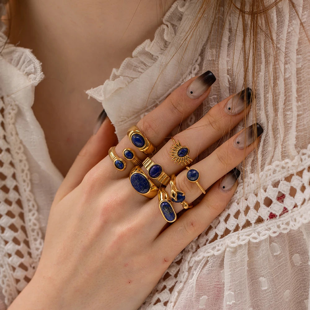 Youthway 18K Plated Gold Stainless Steel Lapis Lapis Cast Ring 2023 Fashion Jewelry for Women Textured Gift 2023 NEW