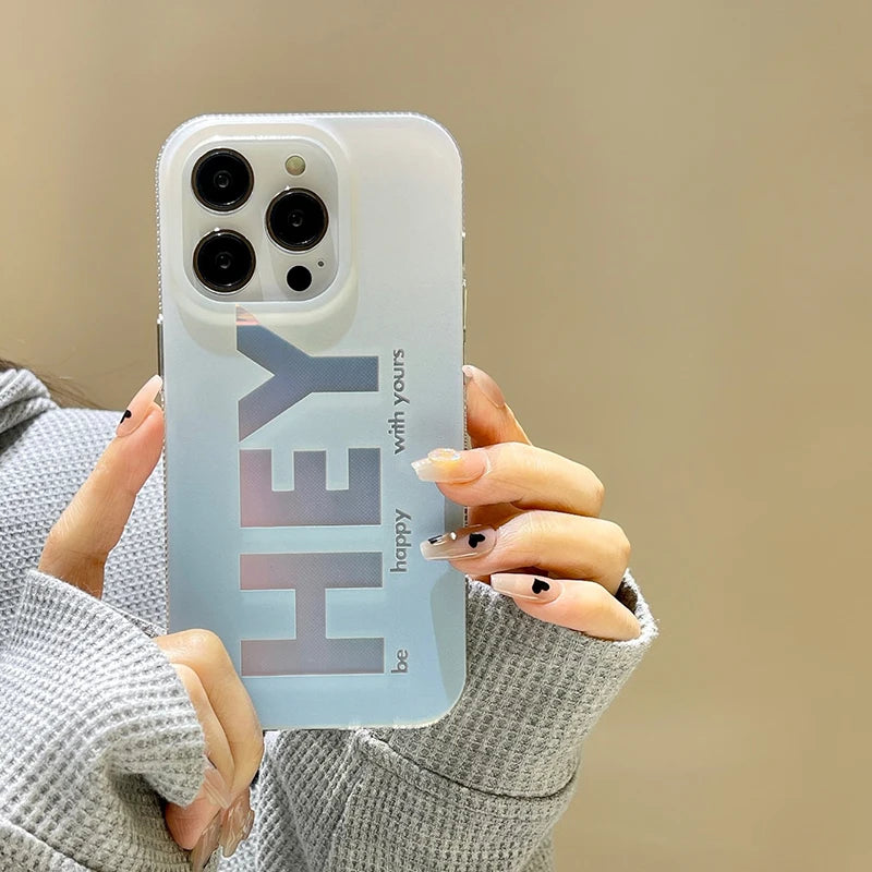 Fashion Letter Hey Glossy Phone Case For iPhone 14 12 11 13 15 Pro Max Gradient Blue Laser Acrylic Cover