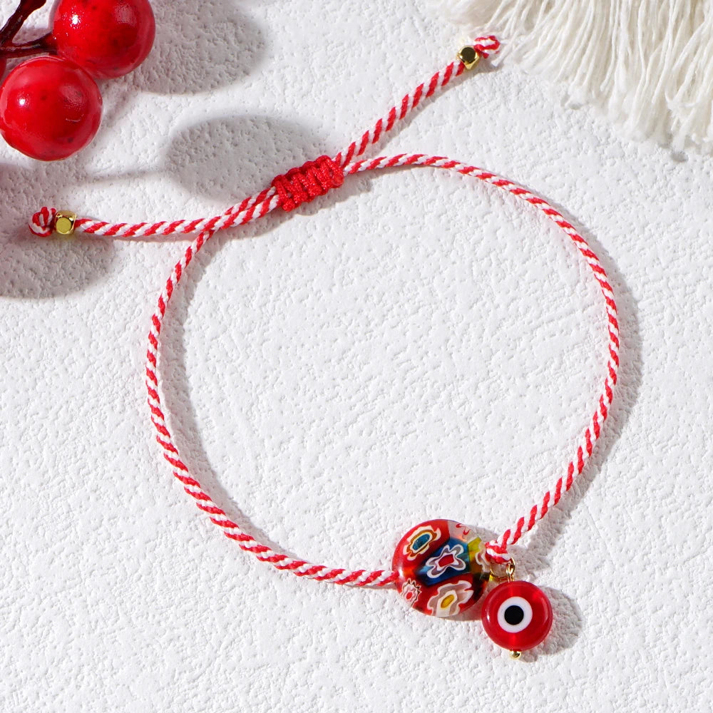 Shinus 2024 Martis Series Glass Evil Eye And Thousand Flowers Glass Flat Bead Jewelry Greek March Bracelet For Women Date Gift