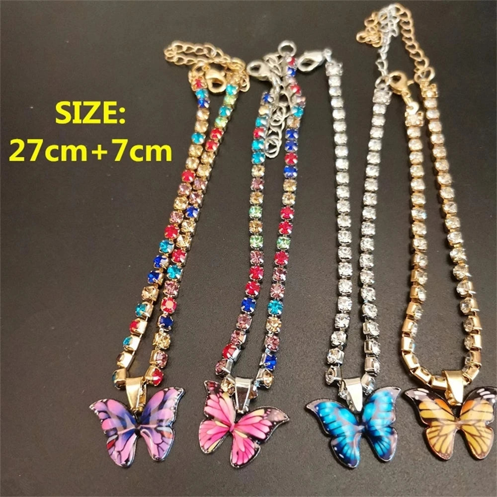 Bohemian Metal Butterfly Anklet Bracelet Colorful Bling Bling Tennis Anklet For Women Girls Summer Beach Foot Chain Accessories