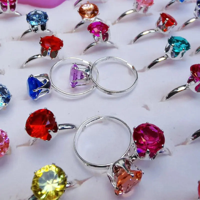 10pcs New Children's Crystal Rings Colorful Star Flower Shape Adjustable Alloy Finger Rings Kids Girls Toys Without Box