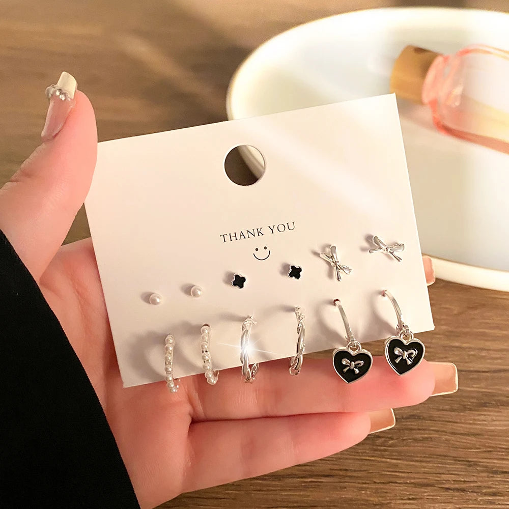 VKME Black Heart Earring Set Star Ear Studs Bear Pendant Chain Circle Drop Earring Fashion Earring Set Women Jewelry Gifts