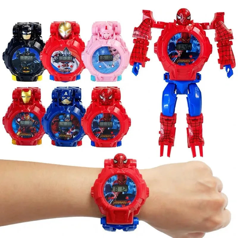 The Avengers Electronic Watch 3D Projection Spider Man Captain America Hulk Deformation Robot Toys For Children Christmas Gift