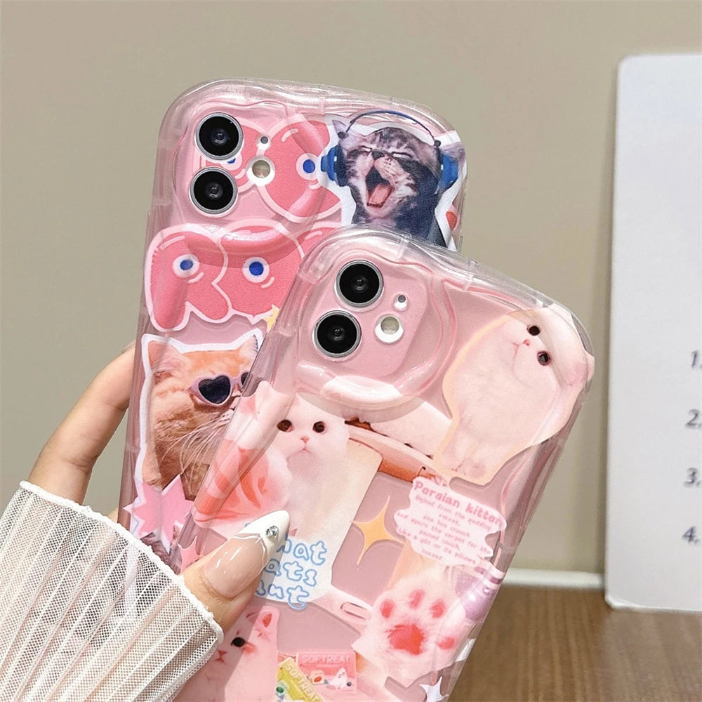 Korean Lovely Cat Pink Phone Case For iPhone 15 11 12 13 14 Pro Max XR X XS 7 8 Plus SE Cute Kitten Soft Wavy Chockproof Cover