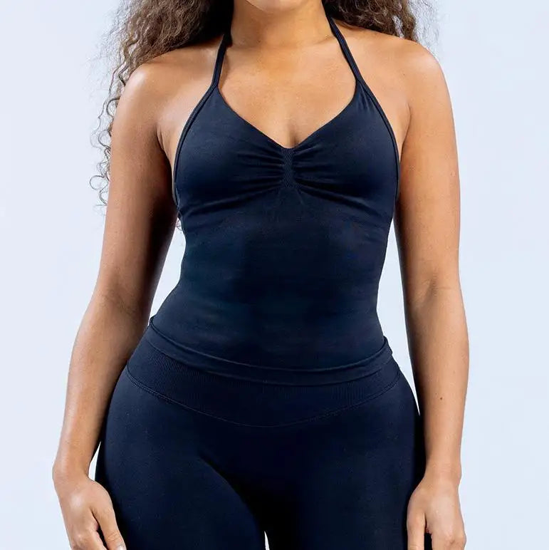 Gym Beautiful Open Back Bra Running Workout Halter Impact Longline Strappy Top Sports Yoga Vest Women's Fitness Tank Top