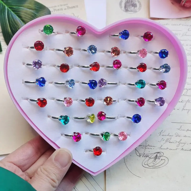 10pcs New Children's Crystal Rings Colorful Star Flower Shape Adjustable Alloy Finger Rings Kids Girls Toys Without Box