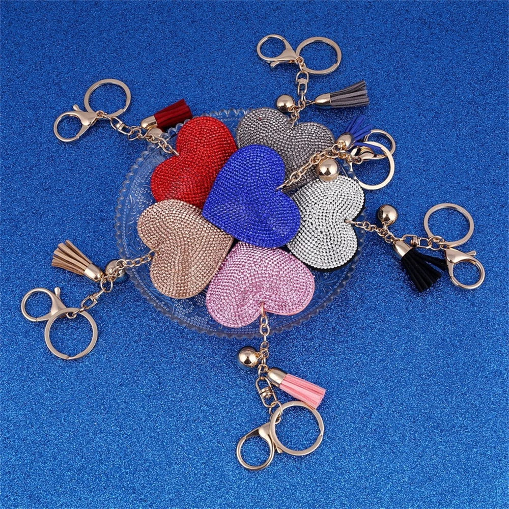 Women Girls Heart Rhinestone Key Chains Solid Color Tassels Luxury Design Couple Waist Buckle Keyring Bag Hanging Accessories