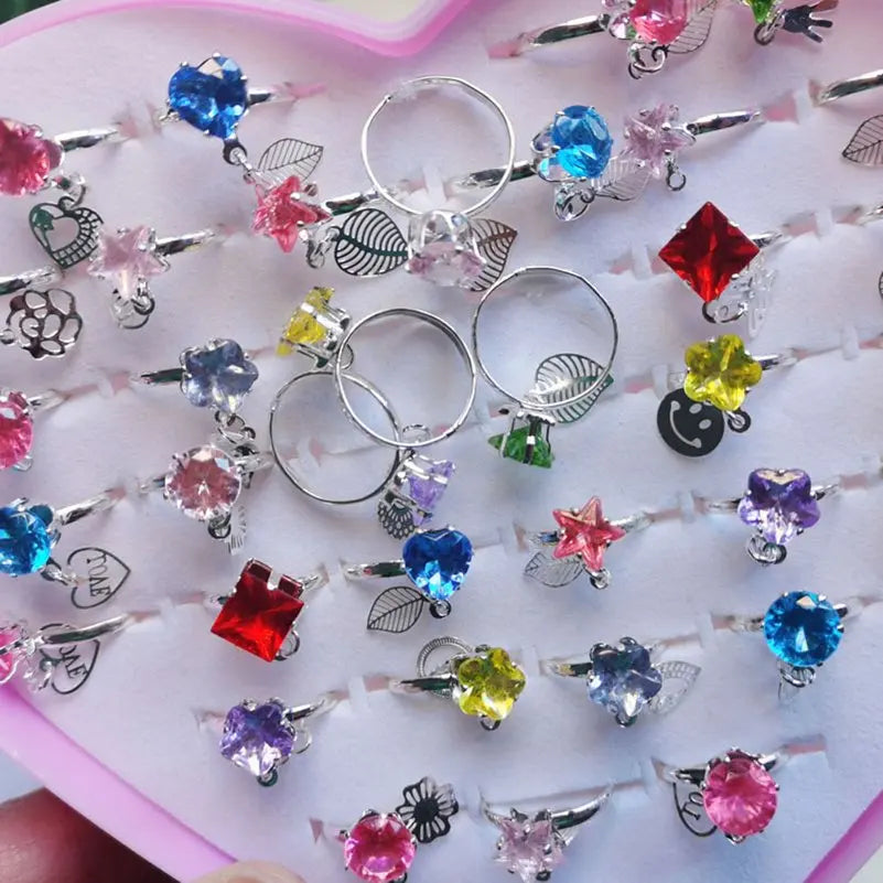 10pcs New Children's Crystal Rings Colorful Star Flower Shape Adjustable Alloy Finger Rings Kids Girls Toys Without Box