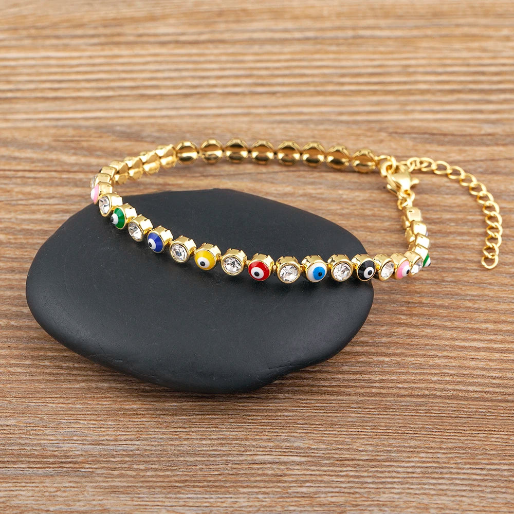 Nidin Lucky Evil Eye Shiny Charm CZ Tennis Bracelet for Women Crystal Zircon Jewelry Adjustable Chain Bangle Gift