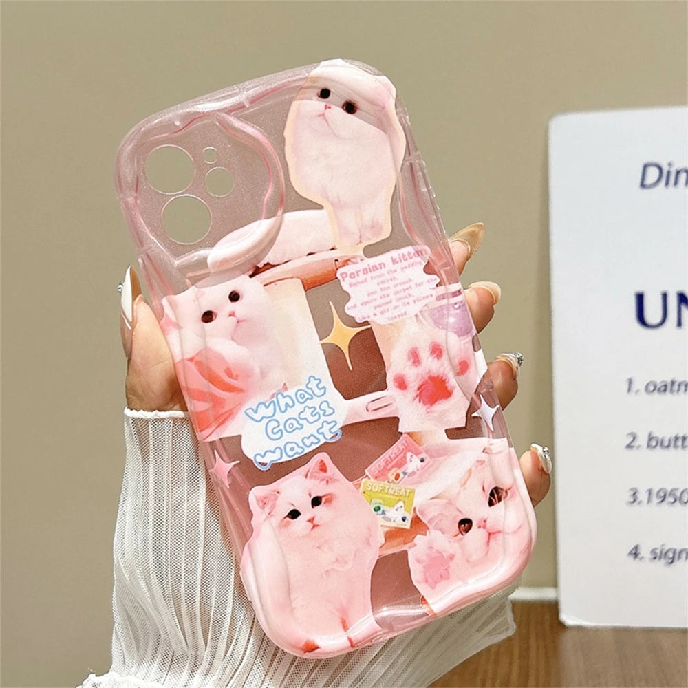 Korean Lovely Cat Pink Phone Case For iPhone 15 11 12 13 14 Pro Max XR X XS 7 8 Plus SE Cute Kitten Soft Wavy Chockproof Cover