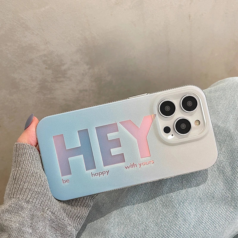 Fashion Letter Hey Glossy Phone Case For iPhone 14 12 11 13 15 Pro Max Gradient Blue Laser Acrylic Cover