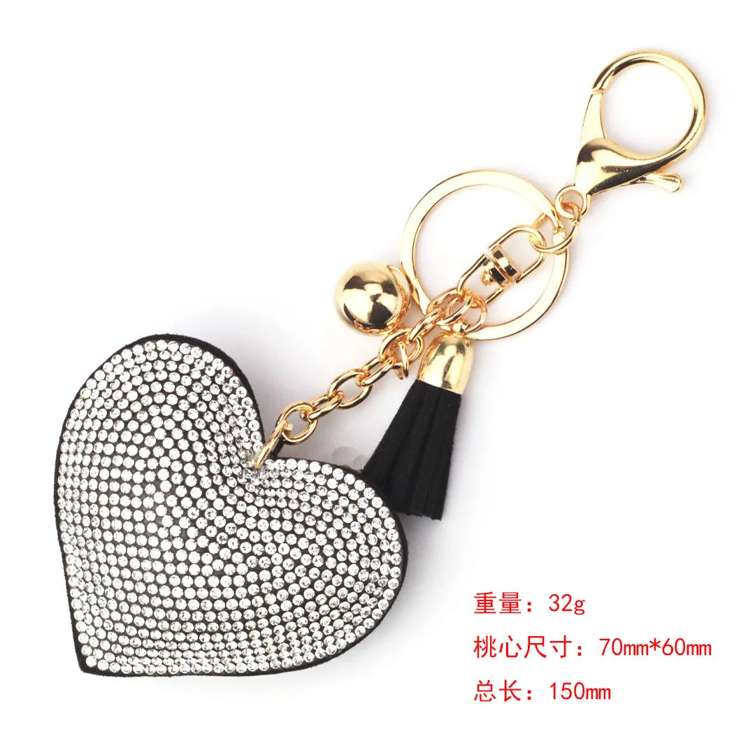 Women Girls Heart Rhinestone Key Chains Solid Color Tassels Luxury Design Couple Waist Buckle Keyring Bag Hanging Accessories