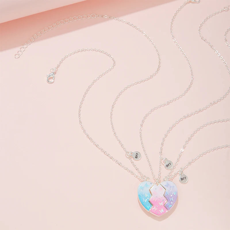 3Pcs/set Colorful Butterfly Glitter Broken Peach Heart Pendant for 3 Girls Friendship BFF Necklaces Best Friend Jewelry Gifts