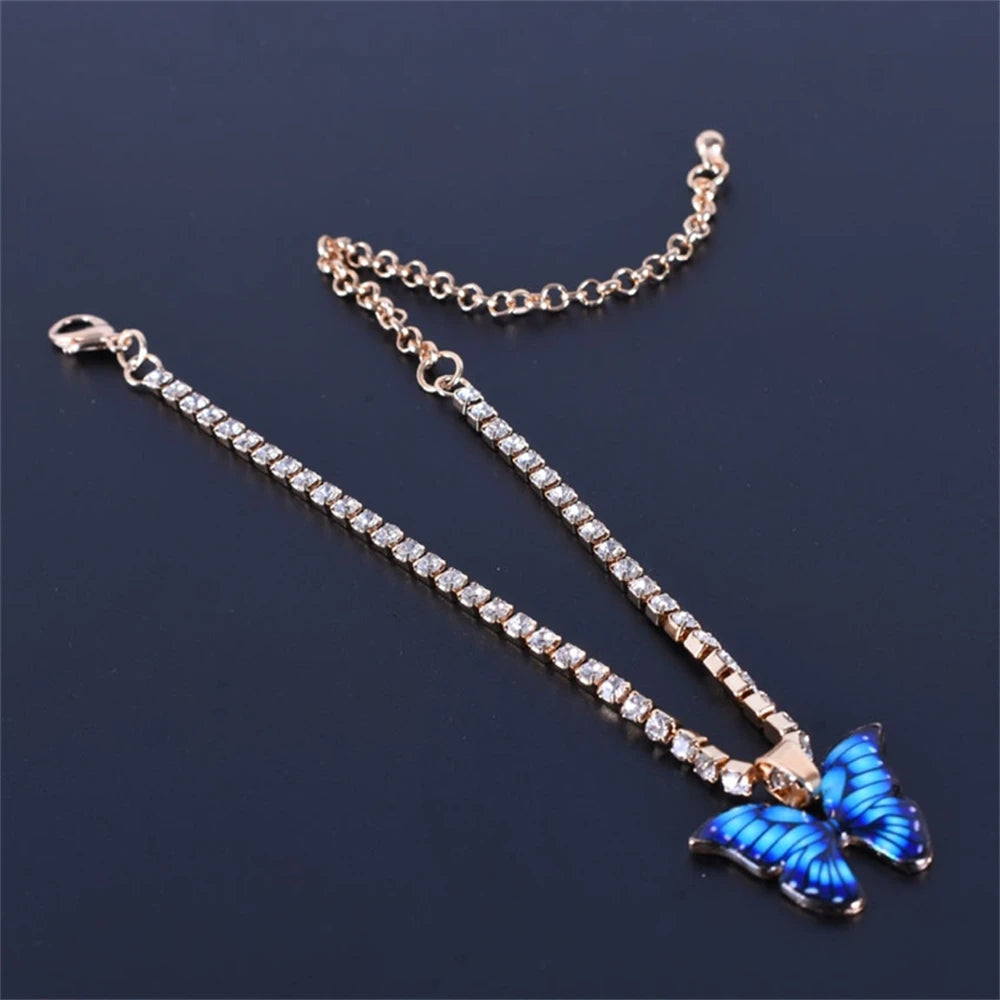 Bohemian Metal Butterfly Anklet Bracelet Colorful Bling Bling Tennis Anklet For Women Girls Summer Beach Foot Chain Accessories