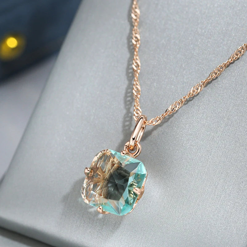 Wbmqda Big Square Light Green Stone Pendant And Necklace For Women 585 Rose Gold Color Fashion Zircon Jewelry Accessories