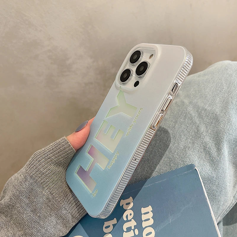 Fashion Letter Hey Glossy Phone Case For iPhone 14 12 11 13 15 Pro Max Gradient Blue Laser Acrylic Cover
