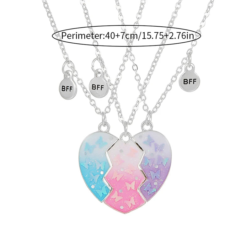 3Pcs/set Colorful Butterfly Glitter Broken Peach Heart Pendant for 3 Girls Friendship BFF Necklaces Best Friend Jewelry Gifts
