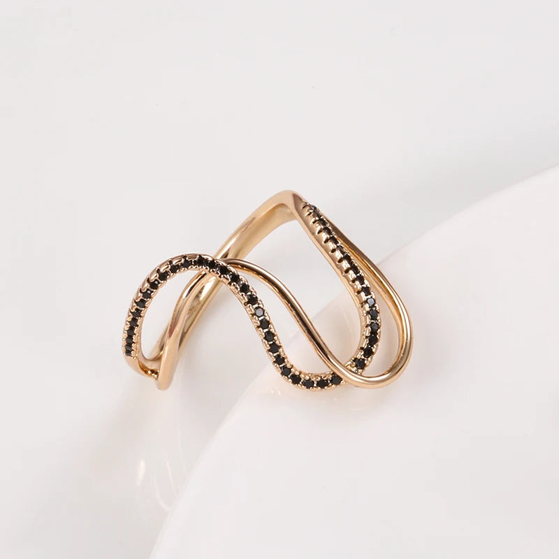 Exaggerated Design Full Black Zircon Double Twist Women's Rings 585 Gold Color Gothic Jewelry Party Daily Unusual Accessories