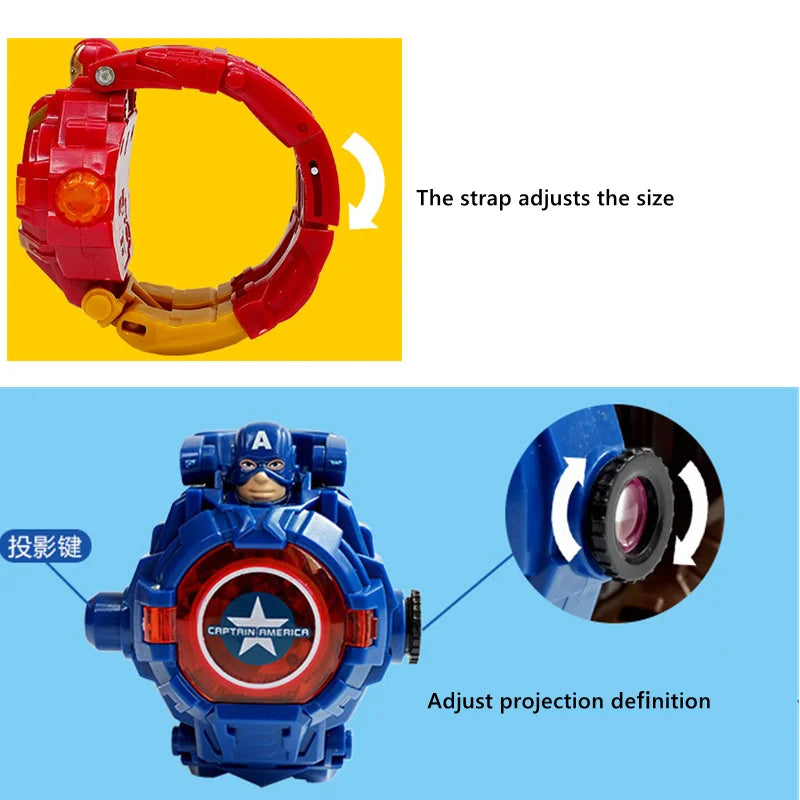 The Avengers Electronic Watch 3D Projection Spider Man Captain America Hulk Deformation Robot Toys For Children Christmas Gift