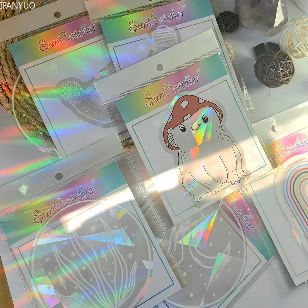 3D Rainbow Sun Catcher Wall Stickers Cat Bear Wolf Spaceship Planet Suncatcher PVC Film Self Adhesive Decal Sticker Home Decor