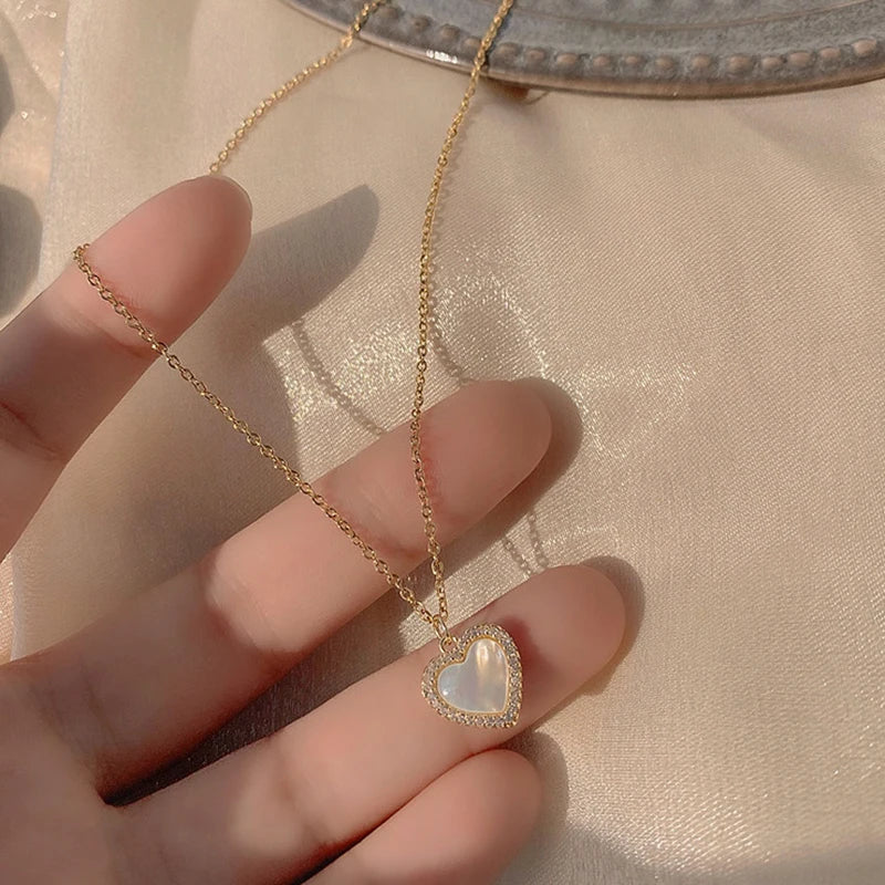 Trendy Fine 14K Real Gold Heart Shaped Opal Chain Pendant Necklace for Women Temperament Jewelry Shiny AAA Zircon Wedding Gift