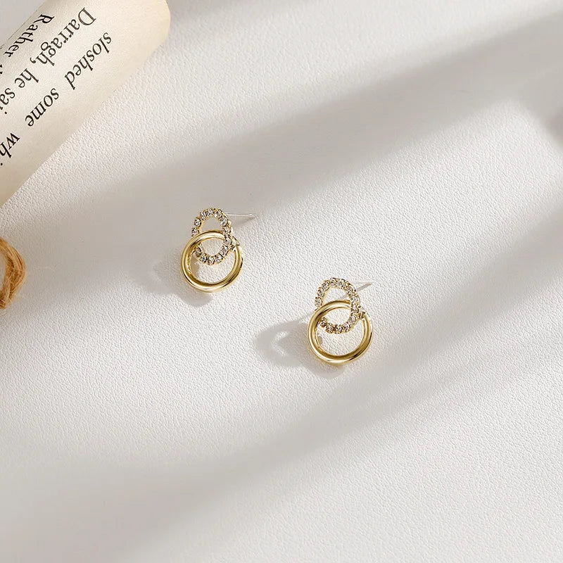 Korean Simple Double Circle Gold Color Metal crystal Stud Earrings For Women Fashion Exquisite Jewelry Best Friend Gifts