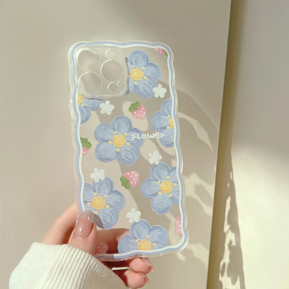 Art wavy blue flower Strawberry cute silicone soft back case for iphone 14 x xr 7 8 plus 13 15 promax 11 12 mini xsmax phone box
