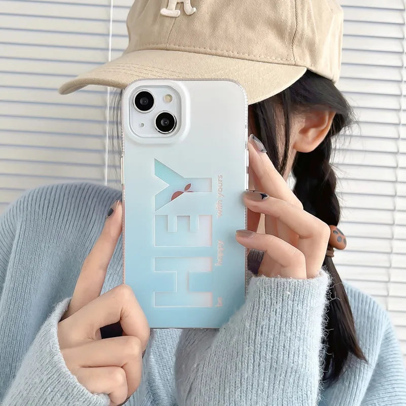 Fashion Letter Hey Glossy Phone Case For iPhone 14 12 11 13 15 Pro Max Gradient Blue Laser Acrylic Cover