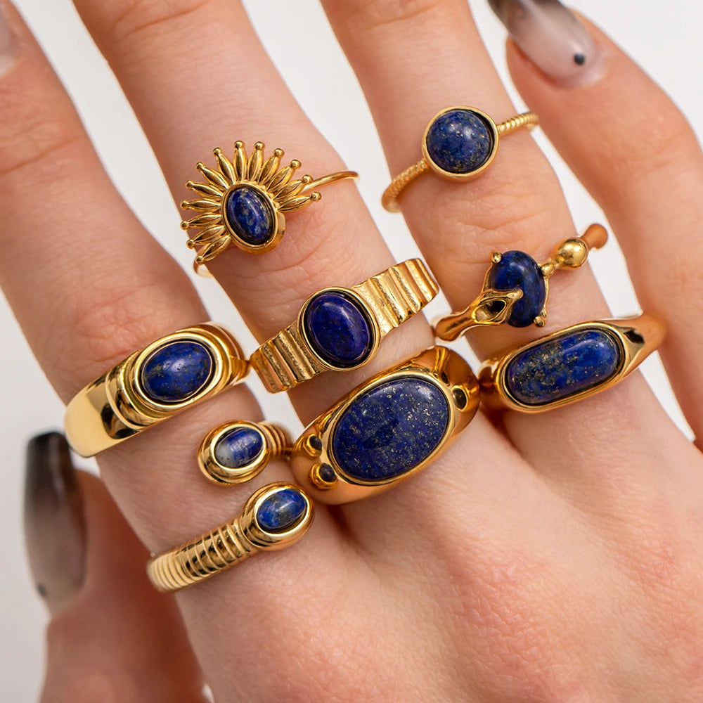 Youthway 18K Plated Gold Stainless Steel Lapis Lapis Cast Ring 2023 Fashion Jewelry for Women Textured Gift 2023 NEW